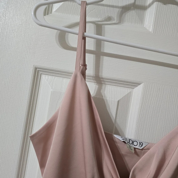 NWOT Studio 19 Y2K Blush Pink Satin Mini Slip Dress/Tunic, Pleated Wrap Neckline - Picture 6 of 12